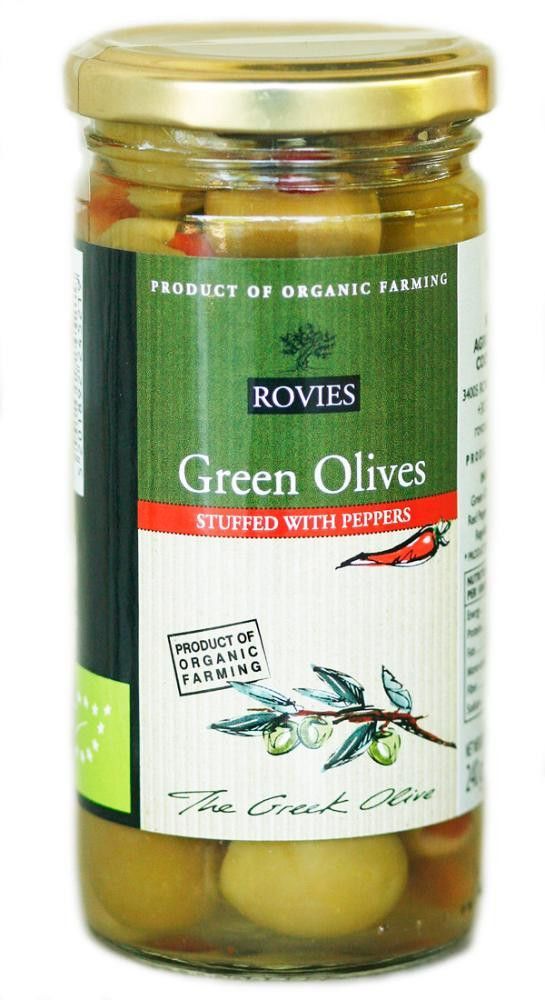 Oliven grønne m/paprika, 200 g, økologisk, Rovies