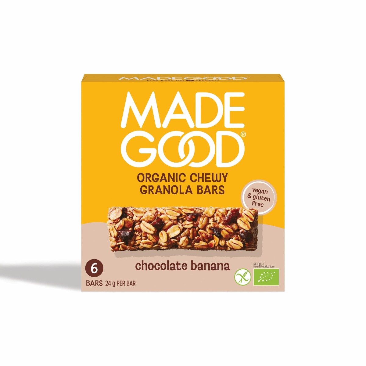 Müslibar m/sjokolade & banan, 6 x 24 g, økologisk, MadeGood