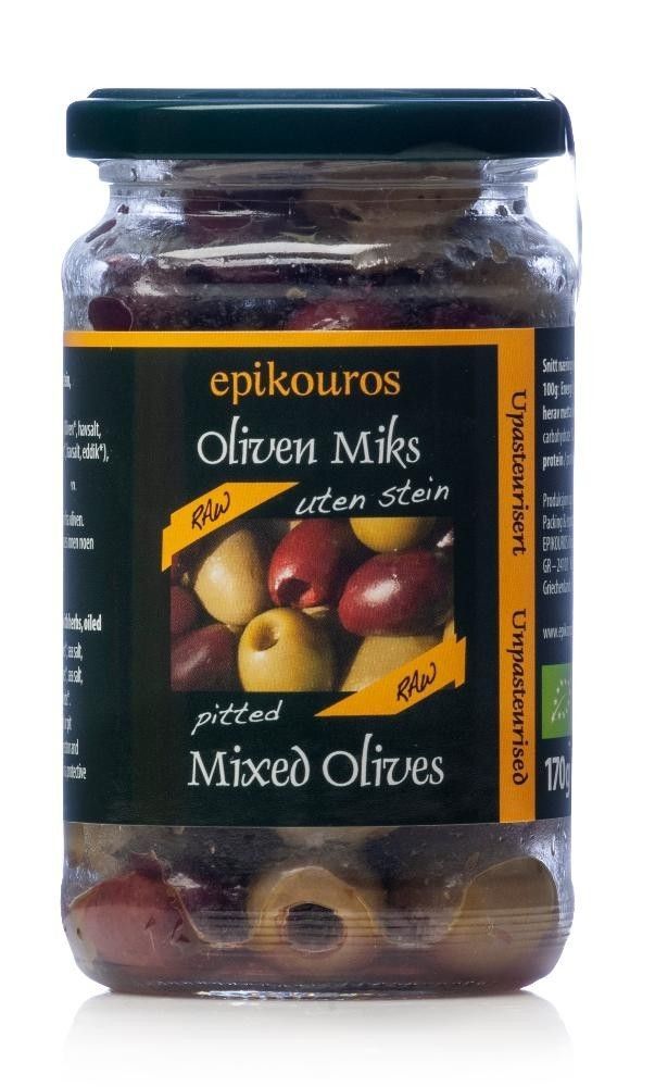 Oliven grønne & sorte, u/stein, 170 g, økologisk, Epikouros