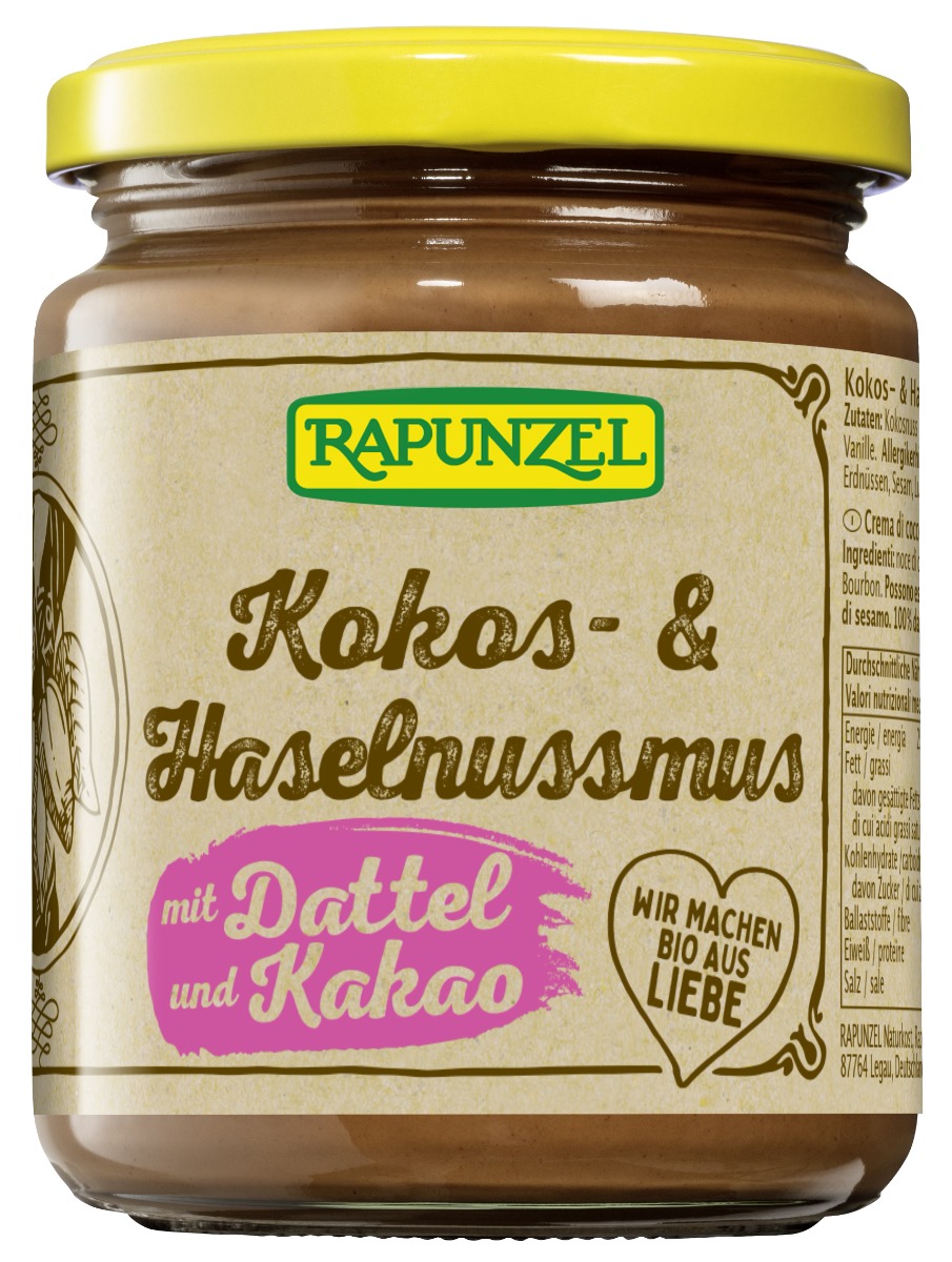 Kokos-hasselnøttpålegg med daddel og kakao, 250 g, økologisk, Rapunzel