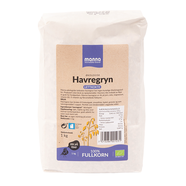 Havregryn, lettkokte, 1 kg, økologisk, Manna